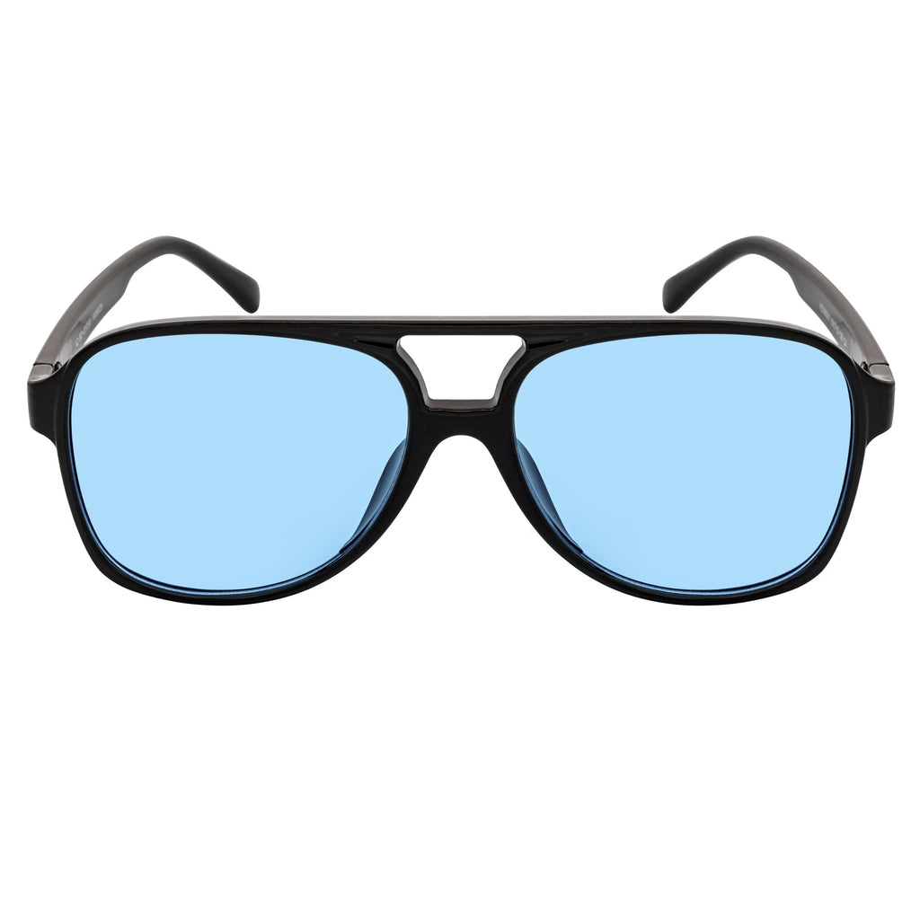 BRASCO - Classic Plastic Teardrop Aviator Black Sunglasses Blue Tint Lens