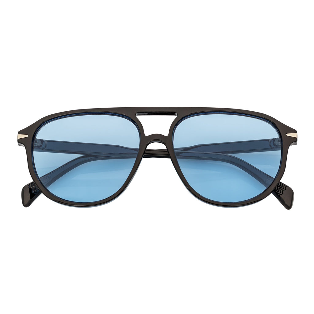 EPOCH - Classic Flat Top Plastic Aviator Black Sunglasses Blue Tint Lens
